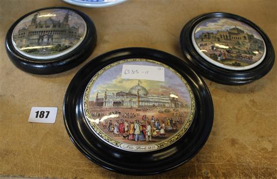 Three Exhibition pot lids - oak leaf border, New York 1853, Philadelphia 1876 and Paris 1878